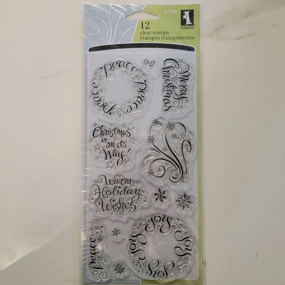 Inkadinkado WARM HOLIDAY WISHES Clear Cling Stamps Set of 12